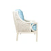 Sea-inspired dining room accent furniture, feature blue and white padded chairs.