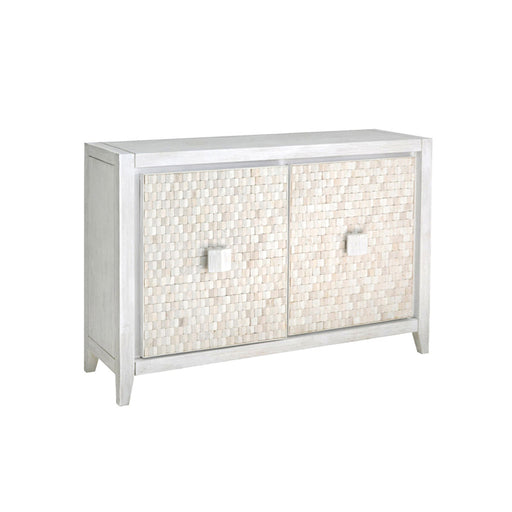 White and cream two door storage cabinet with square pulls.