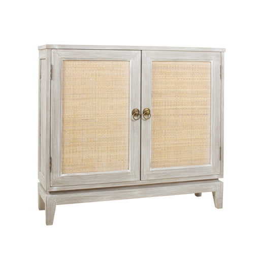 Cream and wicker front two door storage cabinet.
