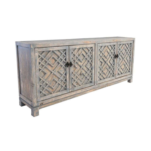 Diagonal view of tan and gray marbled four door storage cabinet.