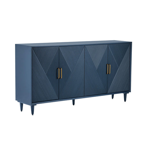 Diagonal view of blue and gold four door storage cabinet.