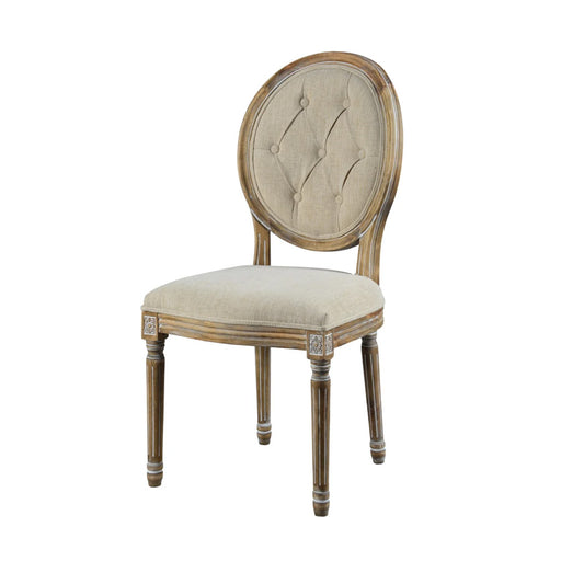 An antique brown dining chair with cream padding, exemplifying classic dining furniture.