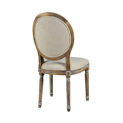 Simple brown wooden chair with cream backing inspired by traditional dining room furniture.