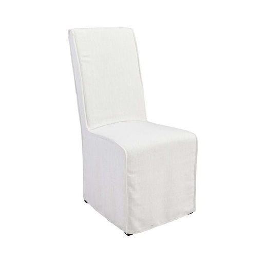 Slim white high-back chair for those needing small dining room furniture.