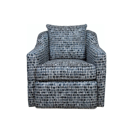 Front view of white and blue tiled glider chair.
