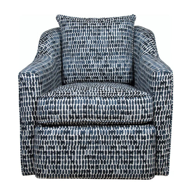 Front view of white and blue tiled glider chair.