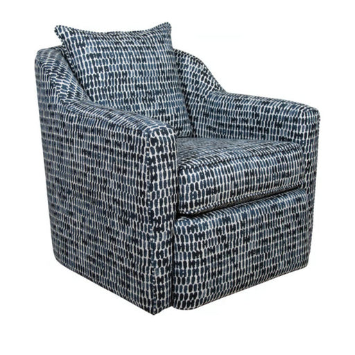 Angled view of blue and white tiled glider chair.