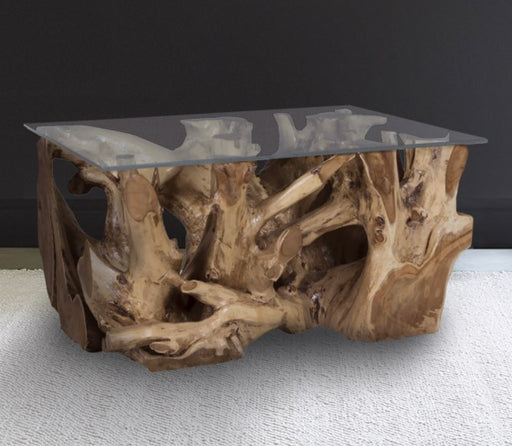 Diagonal driftwood coffee table with glasstop.