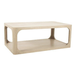 Beige rectangular coffee table with open middle.