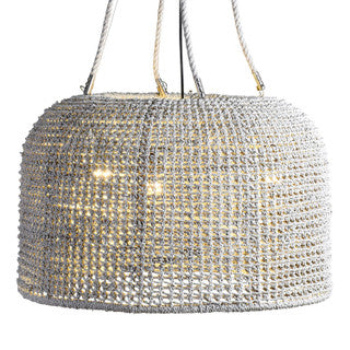 Lit up white woven pendant light.