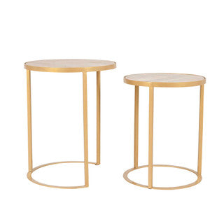 Two intersecting side table with gold accents.