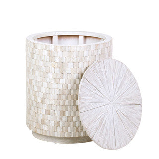 Tall white and cream tile storage bin with top.