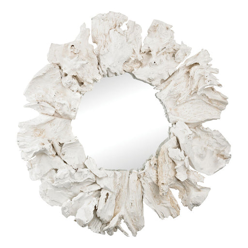 Rustic round white shell mirror.