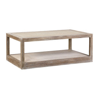 Rectangular light brown and beige coffee table.