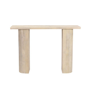 Front of slim cream table with rounded legs.