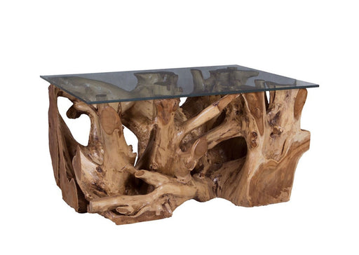 Rustic reclaimed wood coffee table with glass top.