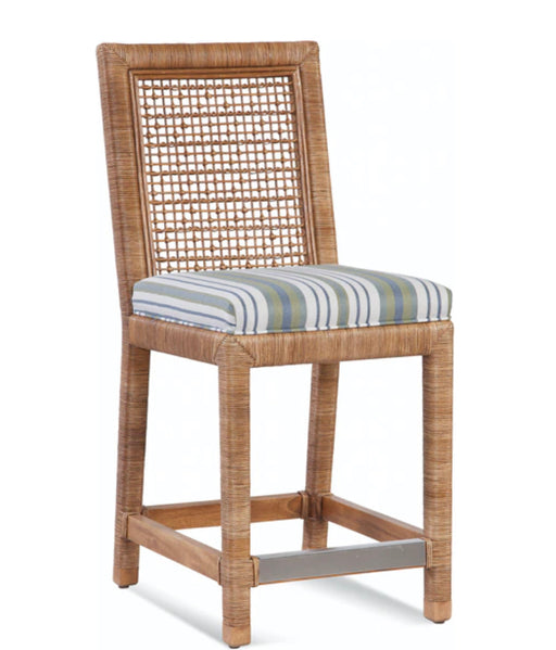 Brown woven back accent chair with green, white, and blue striped cushion.