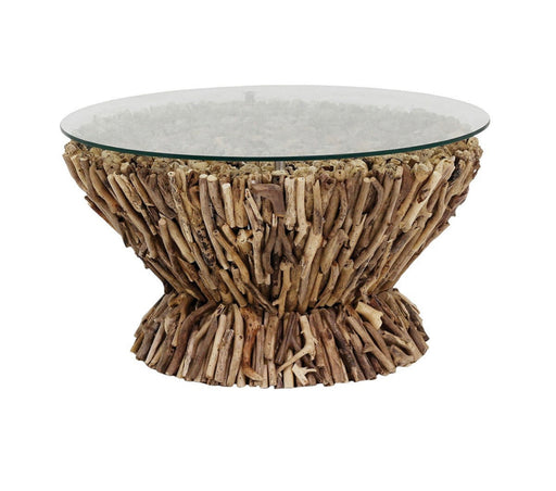 Round glass top side table with found wood stand.
