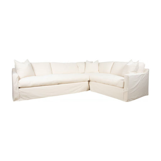 Front angled view of cream loose fabric sectional.