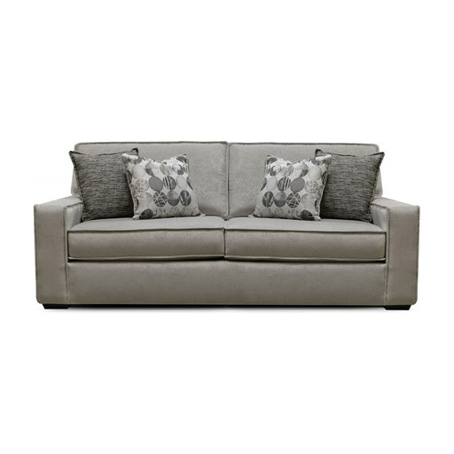 Front of medium gray two seat sofa with white and gray pillows.