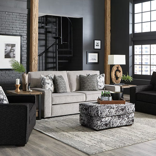 Dark gray brick living room arrangement with light gray floor.