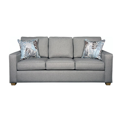 Front of gray blue three seat sofa with blue and brown pillows.