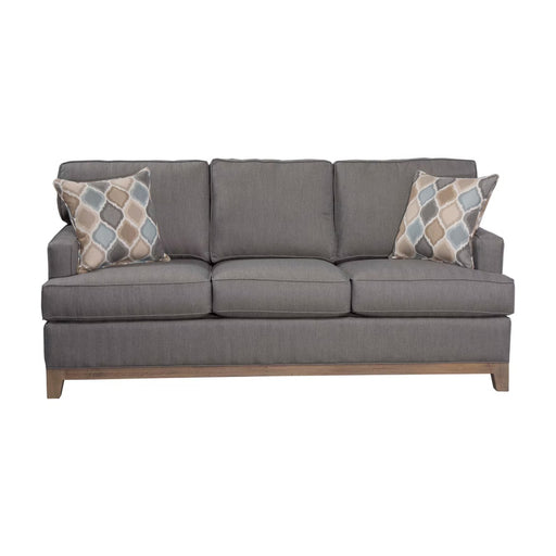 Front of dark gray two cushion sofa with multicolor pillows.