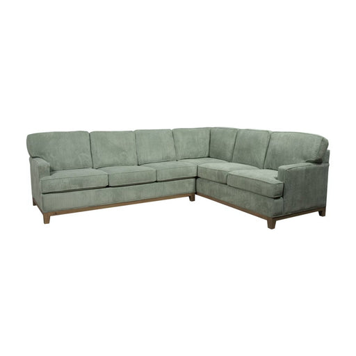 Front angled view of gray sectional with wood legs.