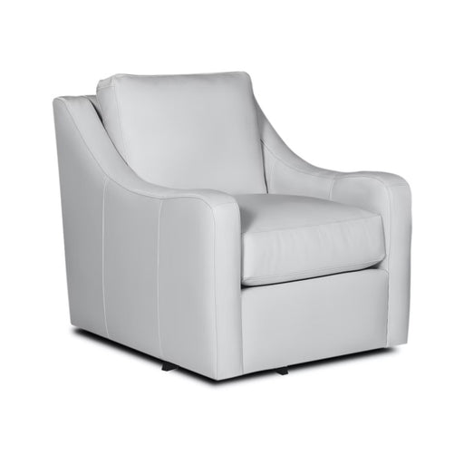 Angled view of white leather glider chair.