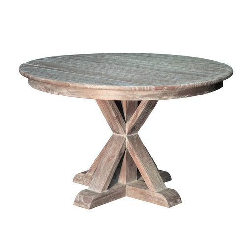 Round rustic wood dining table with X bottom.