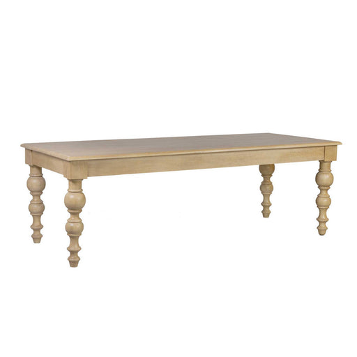 Angled view of light brown coffee table with rounded leg detail.